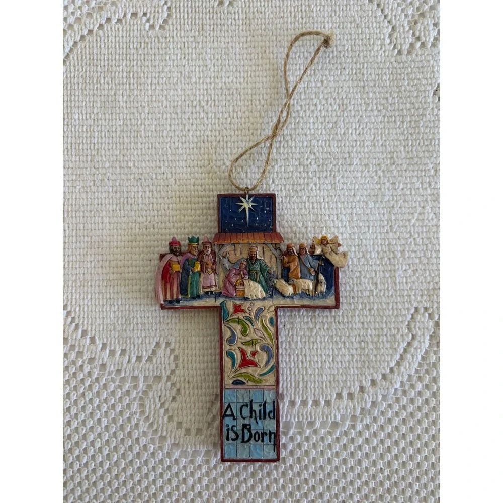 Jim Shore Heartwood Creek Nativity Scene Cross Ornament 4008105 A Child Is Born